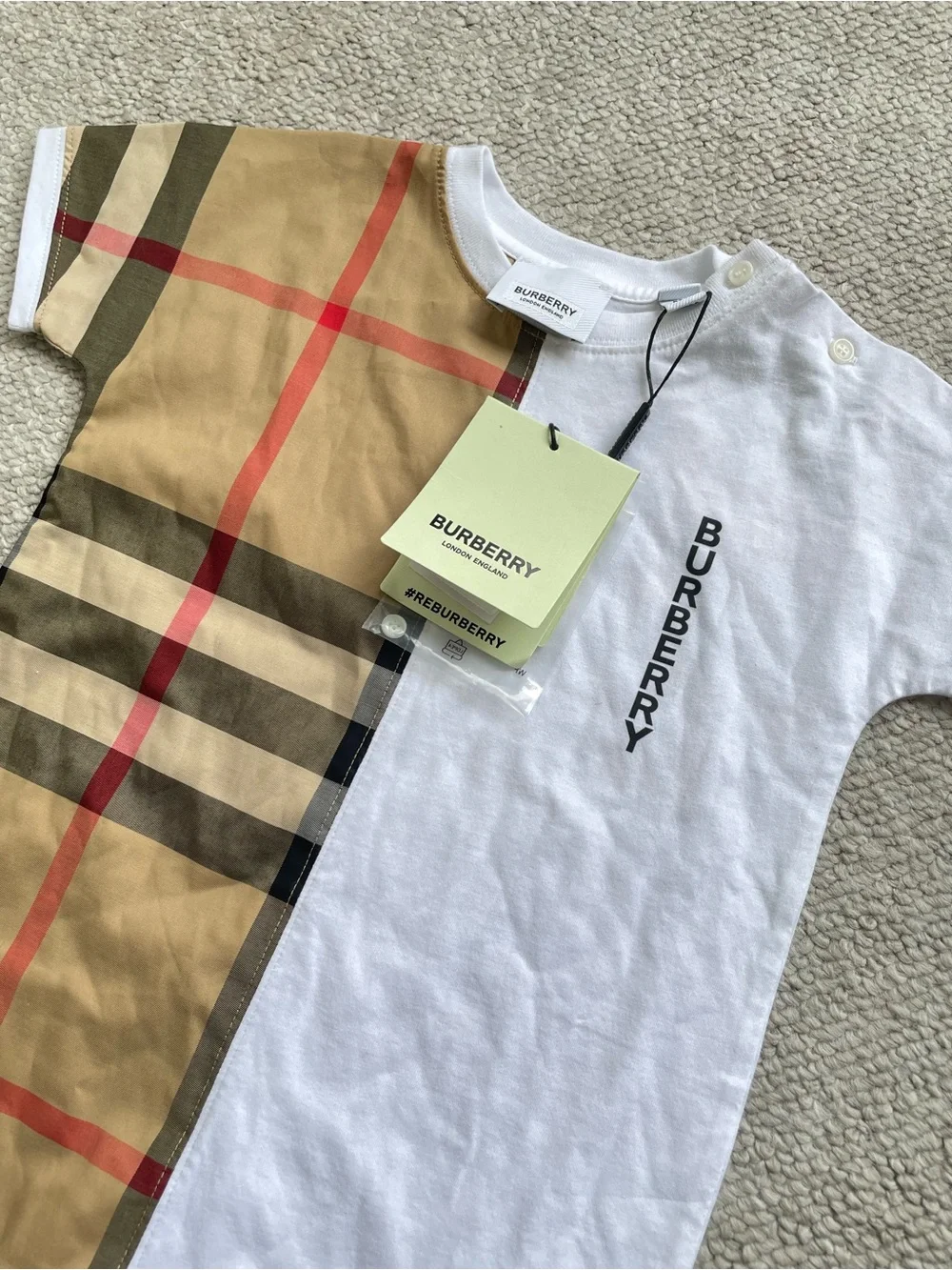 NWT Burberry Baby Lenox Vintage Check Logo One Piece Romper, Size 18 months